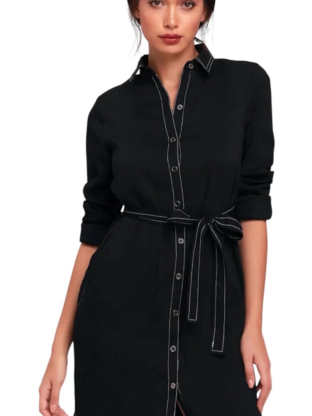 Lulus city chic black long sleeve shirt dress with contrast stitching pockets S